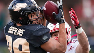 WEST LAFAYETTE, IN - NOVEMBER 02: Brycen Hopkins #89 of the Purdue Boilermakers catches a pass against Will Honas #3 of the Nebraska Cornhuskers late in the fourth quarter at Ross-Ade Stadium on November 2, 2019 in West Lafayette, Indiana. (Photo by Michael Hickey/Getty Images)