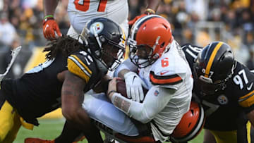 PITTSBURGH, PA - DECEMBER 01: Baker Mayfield #6 of the Cleveland Browns is sacked by Bud Dupree #48 of the Pittsburgh Steelers in the third quarter during the game at Heinz Field on December 1, 2019 in Pittsburgh, Pennsylvania. (Photo by Justin Berl/Getty Images)
