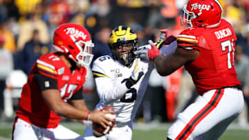 COLLEGE PARK, MD - NOVEMBER 02: Josh Uche #6 of the Michigan Wolverines in action on defense during a game against the Maryland Terrapins at Capital One Field at Maryland Stadium on November 2, 2019 in College Park, Maryland. Michigan defeated Maryland 38-7. (Photo by Joe Robbins/Getty Images)