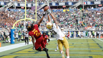 ORLANDO, FL - DECEMBER 28: Datrone Young #2 of the Iowa State Cyclones defends a pass in the end zone against Chase Claypool #83 of the Notre Dame Fighting Irish in the second half of the Camping World Bowl at Camping World Stadium on December 28, 2019 in Orlando, Florida. Notre Dame defeated Iowa State 33-9. (Photo by Joe Robbins/Getty Images)