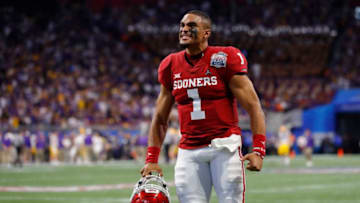 ATLANTA, GEORGIA - DECEMBER 28: Quarterback Jalen Hurts #1 of the Oklahoma Sooners reacts from the sidelines during the game against the LSU Tigers in the Chick-fil-A Peach Bowl at Mercedes-Benz Stadium on December 28, 2019 in Atlanta, Georgia. (Photo by Kevin C. Cox/Getty Images)