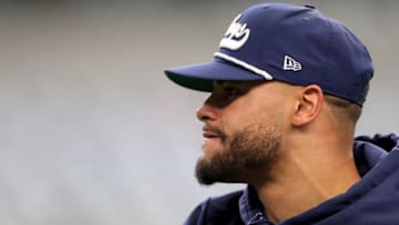 ARLINGTON, TEXAS - DECEMBER 29: Dak Prescott #4 of the Dallas Cowboys warms up before the game against the Washington Redskins at AT&T Stadium on December 29, 2019 in Arlington, Texas. (Photo by Tom Pennington/Getty Images)