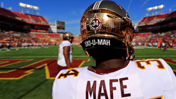 TAMPA, FLORIDA - JANUARY 01: Boye Mafe #34 of the Minnesota Golden Gophers warms up during the 2020 Outback Bowl against the Auburn Tigers at Raymond James Stadium on January 01, 2020 in Tampa, Florida. (Photo by Mike Ehrmann/Getty Images)