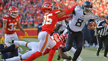 KANSAS CITY, MO - JANUARY 19: Quarterback Marcus Mariota #8 of the Tennessee Titans gets pushed out of bounds near the goal line by cornerback Charvarius Ward #35 of the Kansas City Chiefs, in the first half of the AFC Championship Game at Arrowhead Stadium on January 19, 2020 in Kansas City, Missouri. (Photo by Peter G. Aiken/Getty Images)