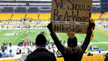 PITTSBURGH, PENNSYLVANIA - DECEMBER 02: A fan displays a sign during the third quarter of a game between the Pittsburgh Steelers and Baltimore Ravens at Heinz Field on December 02, 2020 in Pittsburgh, Pennsylvania. (Photo by Joe Sargent/Getty Images)