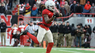 LINCOLN, NE - NOVEMBER 10: Wide receiver Stanley Morgan Jr. #8 of the Nebraska Cornhuskers hauls in a pass to score against the Illinois Fighting Illini in the first half at Memorial Stadium on November 10, 2018 in Lincoln, Nebraska. (Photo by Steven Branscombe/Getty Images)