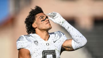 Defensive back Christian Gonzalez #0 of the Oregon Ducks looks on during a game against the Colorado Buffaloes at Folsom Field on November 5, 2022 in Boulder, Colorado. (Photo by Dustin Bradford/Getty Images)
