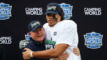 Notre Dame Fighting Irish head coach Brian Kelly and MVP of the game wide receiver Chase Claypool. Mandatory Credit: Kim Klement-USA TODAY Sports