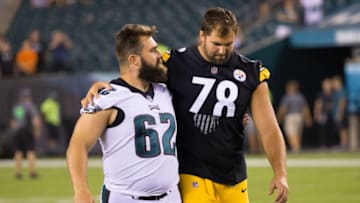 Philadelphia Eagles center Jason Kelce (62) and Pittsburgh Steelers offensive tackle Alejandro Villanueva (78) Mandatory Credit: Bill Streicher-USA TODAY Sports