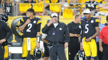 Pittsburgh Steelers quarterback Mason Rudolph (2) and offensive coordinator Randy Fichtner and quarterback Joshua Dobbs (5) Mandatory Credit: Philip G. Pavely-USA TODAY Sports