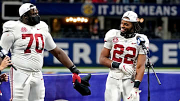 Alabama Crimson Tide offensive lineman Alex Leatherwood (70) and running back Najee Harris (22) are interviewed after beating the Florida Gators in the SEC Championship at Mercedes-Benz Stadium. Mandatory Credit: Dale Zanine-USA TODAY Sports