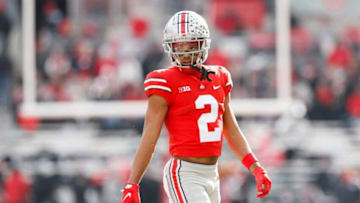 Ohio State Buckeyes wide receiver Chris Olave (2) lines up during the second quarter of the NCAA football game against the Michigan State Spartans at Ohio Stadium in Columbus on Saturday, Nov. 20, 2021.Michigan State Spartans At Ohio State Buckeyes Football