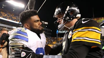 Dallas Cowboys running back Ezekiel Elliott (21) and Pittsburgh Steelers quarterback Ben Roethlisberger (R) (Photo Credit: Charles LeClaire-USA TODAY Sports)
