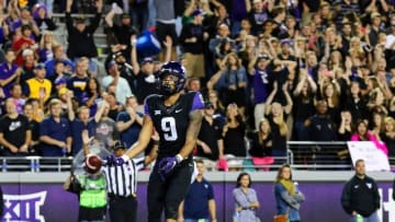 Oct 29, 2015; Fort Worth, TX, USA; TCU Horned Frogs wide receiver Josh Doctson (9) makes the touchdown catch against the West Virginia Mountaineers during the second half of a game at Amon G. Carter Stadium. TCU won 40-10. Mandatory Credit: Ray Carlin-USA TODAY Sports