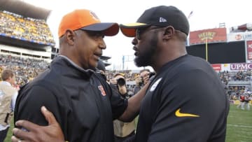 Nov 1, 2015; Pittsburgh, PA, USA; Cincinnati Bengals head coach Marvin Lewis (L) and Pittsburgh Steelers head coach Mike Tomlin greet each other after their game at Heinz Field. The Bengals won 16-10. Mandatory Credit: Charles LeClaire-USA TODAY Sports