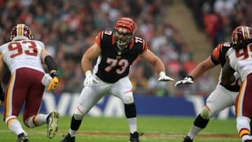 Oct 30, 2016; London, United Kingdom; Cincinnati Bengals tackle Eric Winston (73) defends against Washington Redskins defensive end Trent Murphy (93) during game 17 of the NFL International Series at Wembley Stadium. The Redskins and Bengals tied 27-27 tie. Mandatory Credit: Kirby Lee-USA TODAY Sports