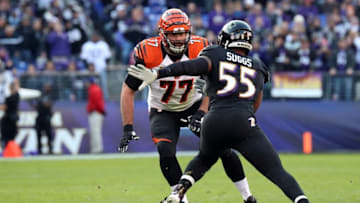 Nov 27, 2016; Baltimore, MD, USA; Cincinnati Bengals tackle Andrew Whitworth (77) blocks Baltimore Ravens linebacker Terrell Suggs (55) at M&T Bank Stadium. Mandatory Credit: Mitch Stringer-USA TODAY Sports