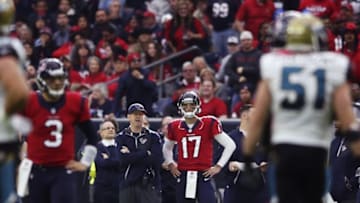 Dec 18, 2016; Houston, TX, USA; Houston Texans quarterback Brock Osweiler (17) watches quarterback Tom Savage (3) during the second half against the Jacksonville Jaguars at NRG Stadium. Mandatory Credit: Kevin Jairaj-USA TODAY Sports