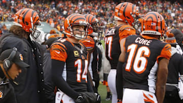 Dec 18, 2016; Cincinnati, OH, USA; Cincinnati Bengals quarterback Andy Dalton (14) watches from the sidelines against the Pittsburgh Steelers during the second half at Paul Brown Stadium. The Steelers won 24-20. Mandatory Credit: David Kohl-USA TODAY Sports