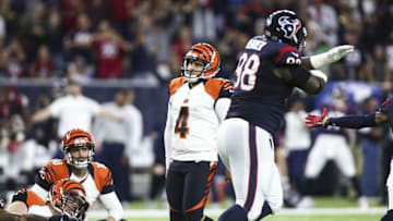 Dec 24, 2016; Houston, TX, USA; Cincinnati Bengals kicker Randy Bullock (4) reacts after missing a field goal during the fourth quarter against the Houston Texans at NRG Stadium. Mandatory Credit: Troy Taormina-USA TODAY Sports