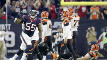 Dec 24, 2016; Houston, TX, USA; Houston Texans inside linebacker Benardrick McKinney (55) celebrates after Cincinnati Bengals kicker Randy Bullock (4) missed a 43 yard field goal to give the Houston Texans the win at NRG Stadium. Houston Texans won 12 to 10. Mandatory Credit: Thomas B. Shea-USA TODAY Sports