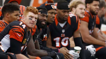 Jan 1, 2017; Cincinnati, OH, USA; Cincinnati Bengals quarterback Andy Dalton (14) watches from the bench during the second half against the Baltimore Ravens at Paul Brown Stadium. Mandatory Credit: David Kohl-USA TODAY Sports