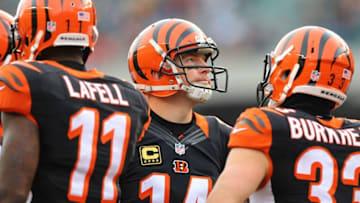 Jan 1, 2017; Cincinnati, OH, USA; Cincinnati Bengals quarterback Andy Dalton (14) against the Baltimore Ravens at Paul Brown Stadium. The Bengals won 27-10. Mandatory Credit: Aaron Doster-USA TODAY Sports