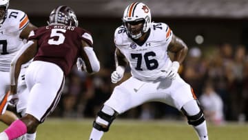 STARKVILLE, MS - OCTOBER 06: Prince Tega Wanogho #76 of the Auburn Tigers guards during a game against the Mississippi State Bulldogs at Davis Wade Stadium on October 6, 2018 in Starkville, Mississippi. (Photo by Jonathan Bachman/Getty Images)