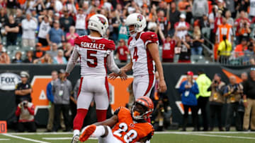 CINCINNATI, OH - OCTOBER 6: Zane Gonzalez #5 of the Arizona Cardinals is congratulated by Andy Lee #4 after kicking the game-winning field goal during the fourth quarter against the Cincinnati Bengals at Paul Brown Stadium on October 6, 2019 in Cincinnati, Ohio. Arizona defeated Cincinnati 26-23. (Photo by Kirk Irwin/Getty Images)