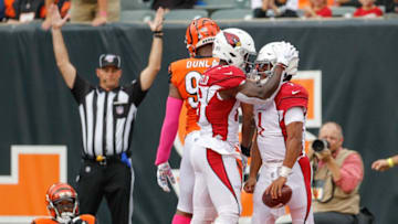 CINCINNATI, OH - OCTOBER 06: Trent Sherfield #16 congratulates Kyler Murray #1 of the Arizona Cardinals after a touchdown during the first half against the Cincinnati Bengals at Paul Brown Stadium on October 6, 2019 in Cincinnati, Ohio. (Photo by Michael Hickey/Getty Images)