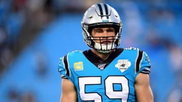 CHARLOTTE, NORTH CAROLINA - SEPTEMBER 12: Luke Kuechly #59 of the Carolina Panthers warms up before their game against the Tampa Bay Buccaneers at Bank of America Stadium on September 12, 2019 in Charlotte, North Carolina. (Photo by Jacob Kupferman/Getty Images)