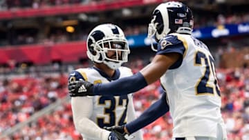 ATLANTA, GA - OCTOBER 20: Eric Weddle #32 and Jalen Ramsey #20 of the Los Angeles Rams slap hands during the first half of a game against the Atlanta Falcons at Mercedes-Benz Stadium on October 20, 2019 in Atlanta, Georgia. (Photo by Carmen Mandato/Getty Images)
