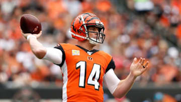 CINCINNATI, OH - OCTOBER 6: Andy Dalton #14 of the Cincinnati Bengals throws the ball during the game against the Arizona Cardinals at Paul Brown Stadium on October 6, 2019 in Cincinnati, Ohio. (Photo by Kirk Irwin/Getty Images)