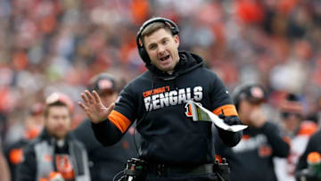 CLEVELAND, OH - DECEMBER 8: Head coach Zac Taylor of the Cincinnati Bengals argues a call with an official during the third quarter of the game against the Cleveland Browns at FirstEnergy Stadium on December 8, 2019 in Cleveland, Ohio. Cleveland defeated Cincinnati 27-19. (Photo by Kirk Irwin/Getty Images)