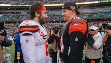 CINCINNATI, OH - DECEMBER 29: Baker Mayfield #6 of the Cleveland Browns and Andy Dalton #14 of the Cincinnati Bengals speak following the game at Paul Brown Stadium on December 29, 2019 in Cincinnati, Ohio. (Photo by Michael Hickey/Getty Images)