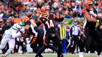 CINCINNATI, OHIO - DECEMBER 01: Andy Dalton #14 of the Cincinnati Bengals throws a pass during the game against the New York Jets at Paul Brown Stadium on December 01, 2019 in Cincinnati, Ohio. (Photo by Andy Lyons/Getty Images)