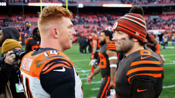 CLEVELAND, OHIO - DECEMBER 08: Baker Mayfield #6 of the Cleveland Browns and Andy Dalton #14 of the Cincinnati Bengals talk after a 27-19 Browns win at FirstEnergy Stadium on December 08, 2019 in Cleveland, Ohio. (Photo by Gregory Shamus/Getty Images)
