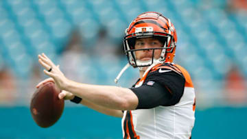 MIAMI, FLORIDA - DECEMBER 22: Andy Dalton #14 of the Cincinnati Bengals warms up prior to the game against the Miami Dolphins at Hard Rock Stadium on December 22, 2019 in Miami, Florida. (Photo by Michael Reaves/Getty Images)