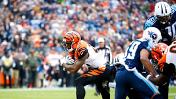 NASHVILLE, TN - NOVEMBER 12: Running Back Joe Mixon #28 of the Cincinnati Bengals scores against the Tennessee Titans at Nissan Stadium on November 12, 2017 in Nashville, Tennessee. (Photo by Wesley Hitt/Getty Images)