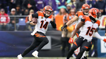BALTIMORE, MD - NOVEMBER 18: Quarterback Andy Dalton #14 of the Cincinnati Bengals runs with the ball in the second quarter against the Baltimore Ravens at M&T Bank Stadium on November 18, 2018 in Baltimore, Maryland. (Photo by Patrick Smith/Getty Images)