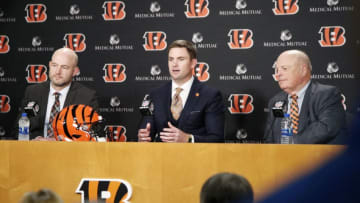 CINCINNATI, OH - FEBRUARY 05: Zac Taylor speaks to the media as Cincinnati Bengals director of player personnel Duke Tobin (left) and owner Mike Brown (right) look on after being introduced as the new head coach for the Bengals at Paul Brown Stadium on February 5, 2019 in Cincinnati, Ohio. (Photo by Joe Robbins/Getty Images)