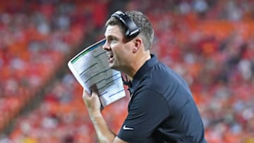 KANSAS CITY, MO - AUGUST 10: Head coach Zac Taylor of the Cincinnati Bengals calls out instructions during the third quarter against the Kansas City Chiefs at Arrowhead Stadium on August 10, 2019 in Kansas City, Missouri. (Photo by Peter Aiken/Getty Images)