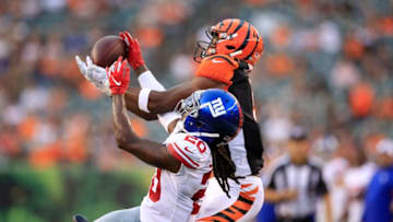 CINCINNATI, OHIO - AUGUST 22: Janoris Jenkins #20 of the New York Giants breaks up a pass intended for Damion Willis #9 of the Cincinnati Bengals at Paul Brown Stadium on August 22, 2019 in Cincinnati, Ohio. (Photo by Andy Lyons/Getty Images)