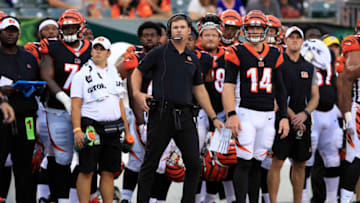 CINCINNATI, OHIO - AUGUST 22: Zac Taylor (center in black) the head coach of the Cincinnati Bengals watches the action against the New York Giants at Paul Brown Stadium on August 22, 2019 in Cincinnati, Ohio. (Photo by Andy Lyons/Getty Images)