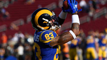 LOS ANGELES, CA - AUGUST 24: Wide receiver Mike Thomas #88 of the Los Angeles Rams catches a pass during pre game warm up for the pre season game against Denver Broncos at Los Angeles Memorial Coliseum on August 24, 2019 in Los Angeles, California. (Photo by Kevork Djansezian/Getty Images)