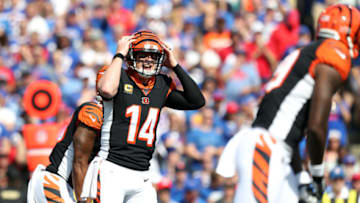 ORCHARD PARK, NEW YORK - SEPTEMBER 22: Andy Dalton #14 of the Cincinnati Bengals signals during a game against the Buffalo Bills at New Era Field on September 22, 2019 in Orchard Park, New York. (Photo by Bryan M. Bennett/Getty Images)