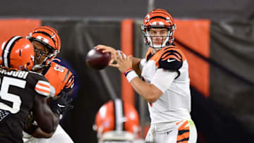 CLEVELAND, OH - SEPTEMBER 17: Quarterback Joe Burrow #9 of the Cincinnati Bengals looks downfield for a receiver in the second quarter against the Cleveland Browns at FirstEnergy Stadium on September 17, 2020 in Cleveland, Ohio. (Photo by Jamie Sabau/Getty Images)