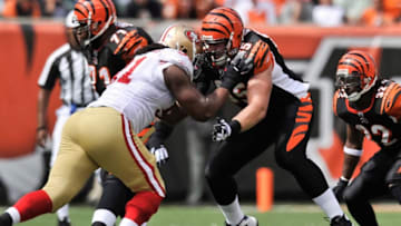CINCINNATI, OH - SEPTEMBER 25: Clint Boling #65 of the Cincinnati Bengals blocks against the the San Fracisco 49ers at Paul Brown Stadium on September 25, 2011 in Cincinnati, Ohio. (Photo by Jamie Sabau/Getty Images)