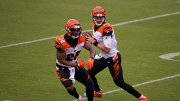 PHILADELPHIA, PA - SEPTEMBER 27: Joe Mixon #28 and Joe Burrow #9 of the Cincinnati Bengals in action against the Philadelphia Eagles at Lincoln Financial Field on September 27, 2020 in Philadelphia, Pennsylvania. (Photo by Mitchell Leff/Getty Images)