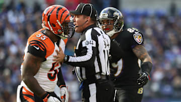 BALTIMORE, MD - NOVEMBER 27: Wide receiver Steve Smith #89 of the Baltimore Ravens and outside linebacker Vontaze Burfict #55 of the Cincinnati Bengals are seperated by referee Clete Blakeman #34 in the first quarter at M&T Bank Stadium on November 27, 2016 in Baltimore, Maryland. (Photo by Rob Carr/Getty Images)